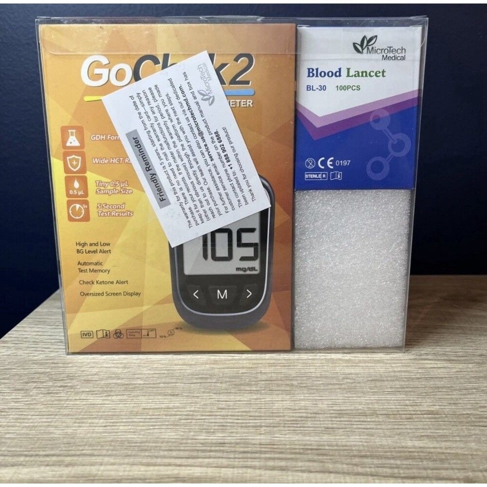 MicroTech GoChek2 Blood Glucose Meter Kit 100 Test Strips Lancing Device